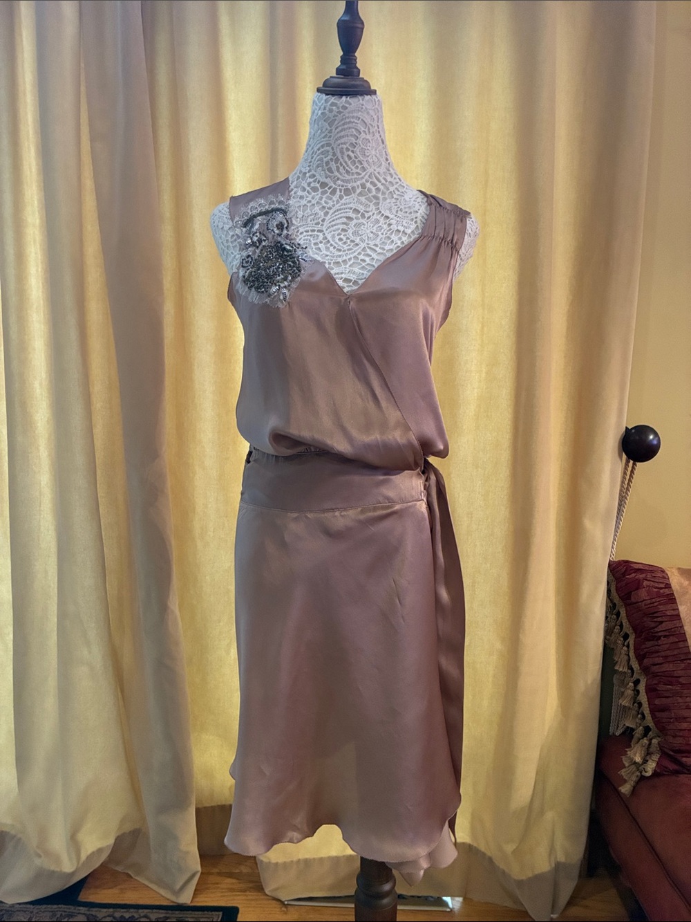 Kristina Ti Stunning Womens Flapper Silk Wrap Dress with Beaded Accent - Taupe